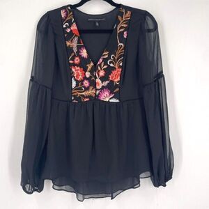 WHBM Floral Embroidered peasant Blouse Black 4 small romantic bohemian‎ sheer
